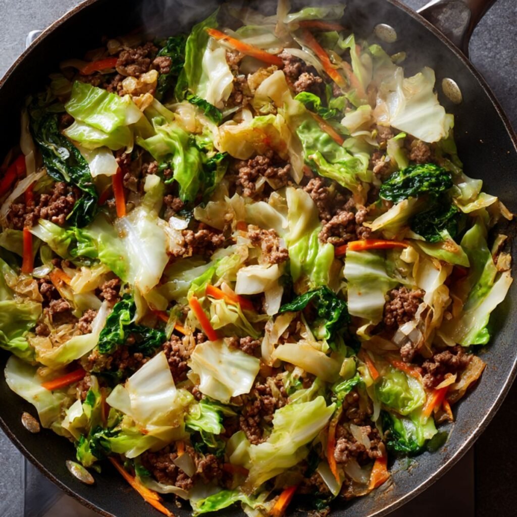 Mixing ground beef with tender cabbage in a one-pan beef cabbage recipe.