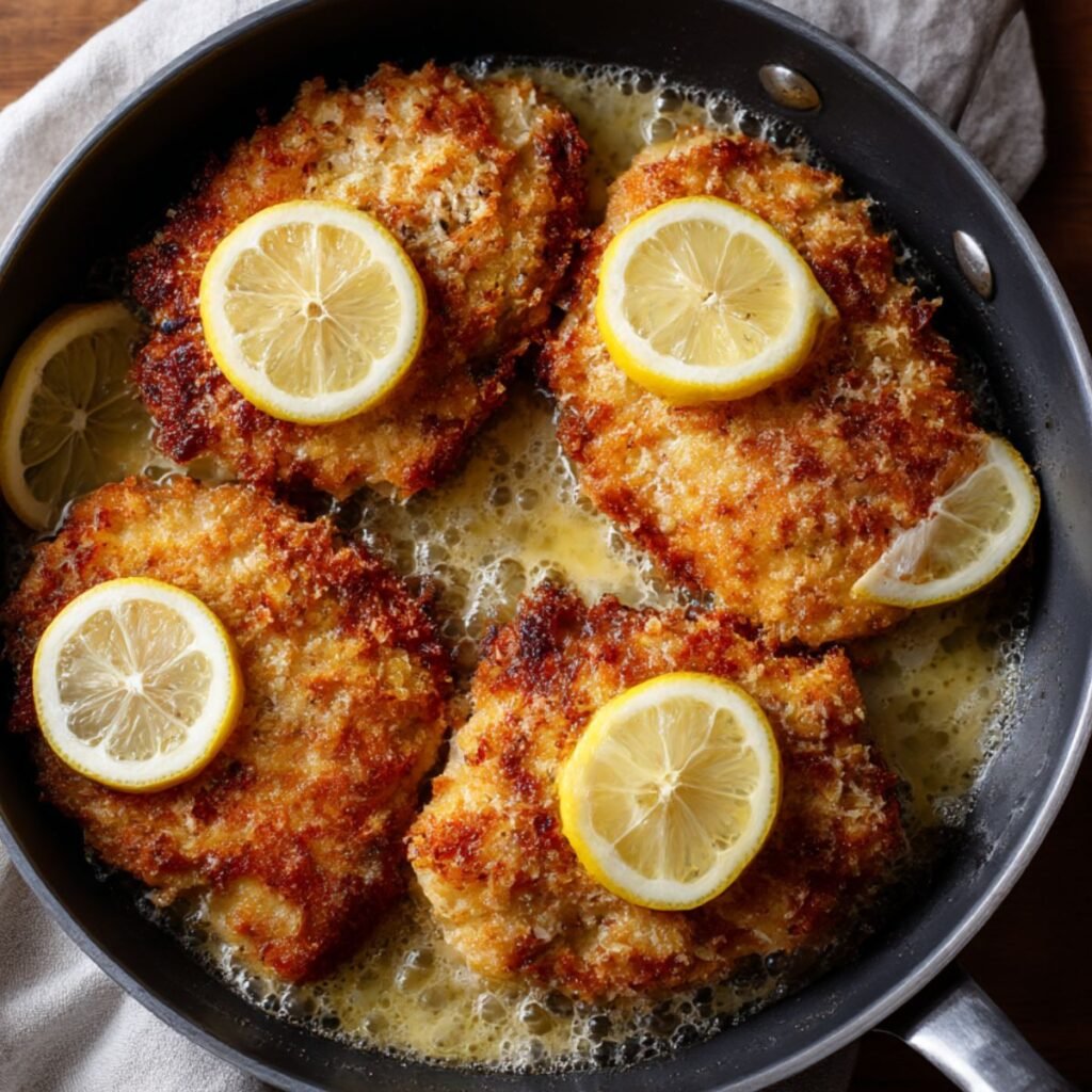 Crispy lemon chicken romano with golden cheese crust and lemon slices in a skillet