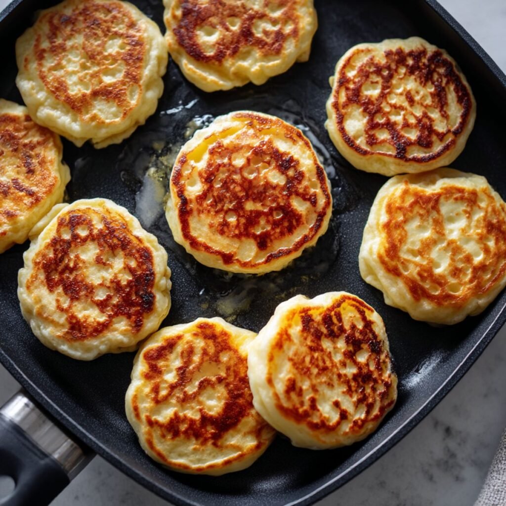 Gluten free cottage cheese pancakes cooking on a buttered griddle until golden and fluffy.