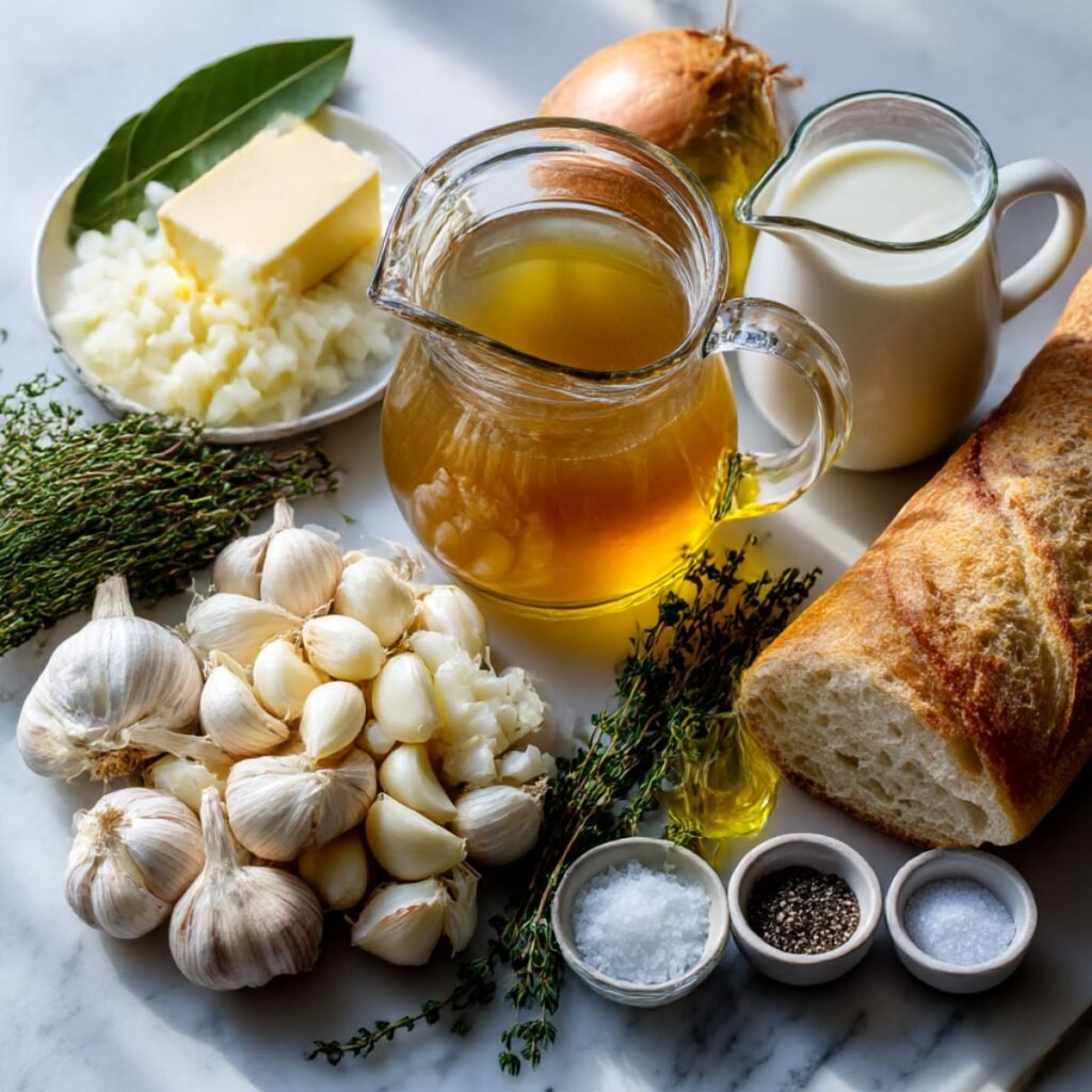 Using an immersion blender to puree roasted garlic and onions in a pot to create a creamy French garlic soup.
