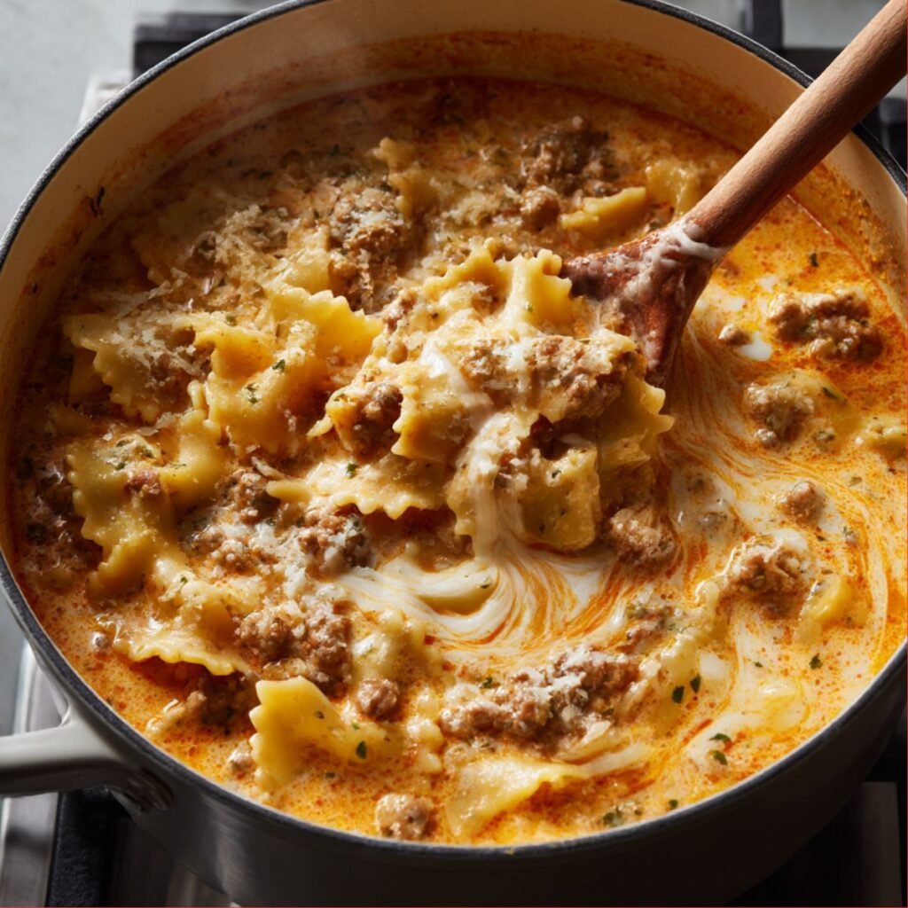 Creamy Alfredo lasagna soup simmering in a pot with broken lasagna noodles, Italian sausage, and rich white Alfredo sauce cooking together until smooth and creamy