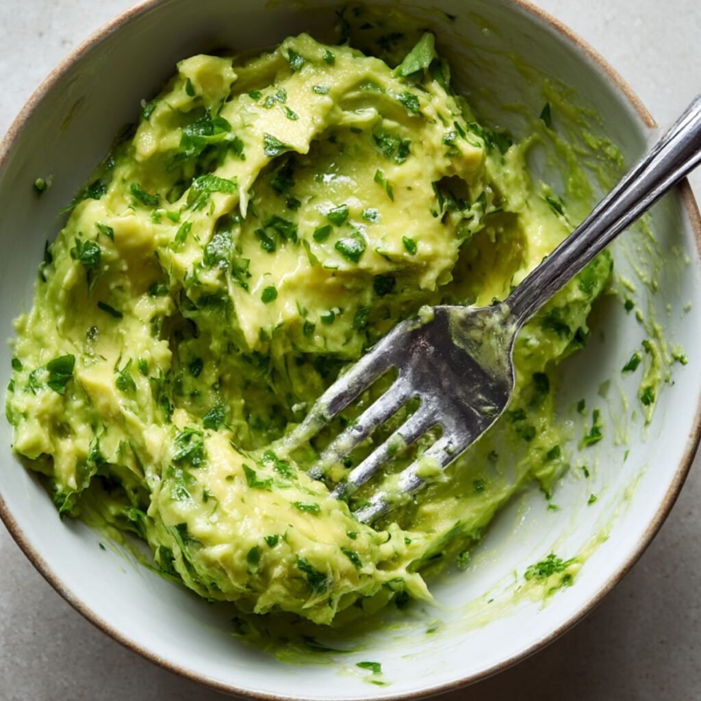 Mashed avocado mixed with lime juice and cilantro for chicken avocado melt spread.