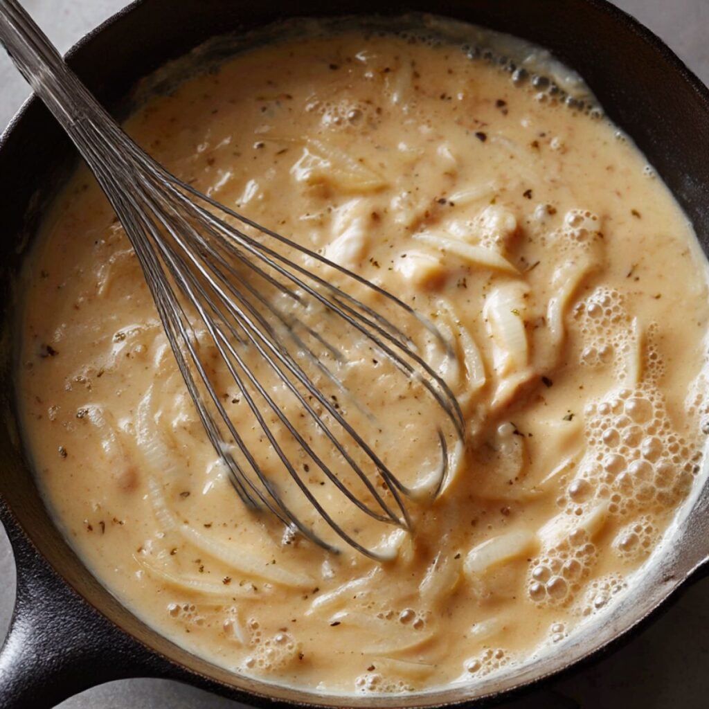 Creamy smothered chicken and rice gravy whisked smooth with onions in a cast iron skillet