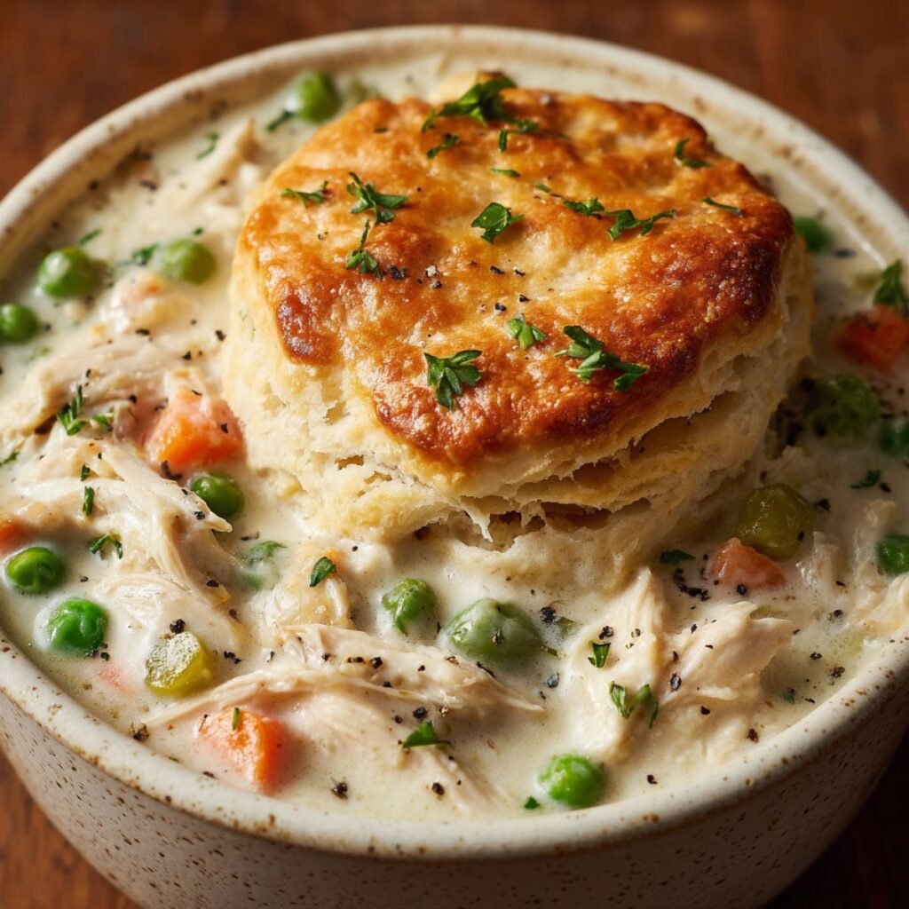 Crock pot chicken pot pie with creamy chicken, vegetables, and a golden biscuit topping