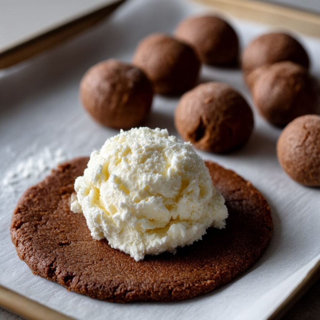 A flattened disk of raw gingerbread dough with a frozen scoop of white cream cheese filling sitting in the center.