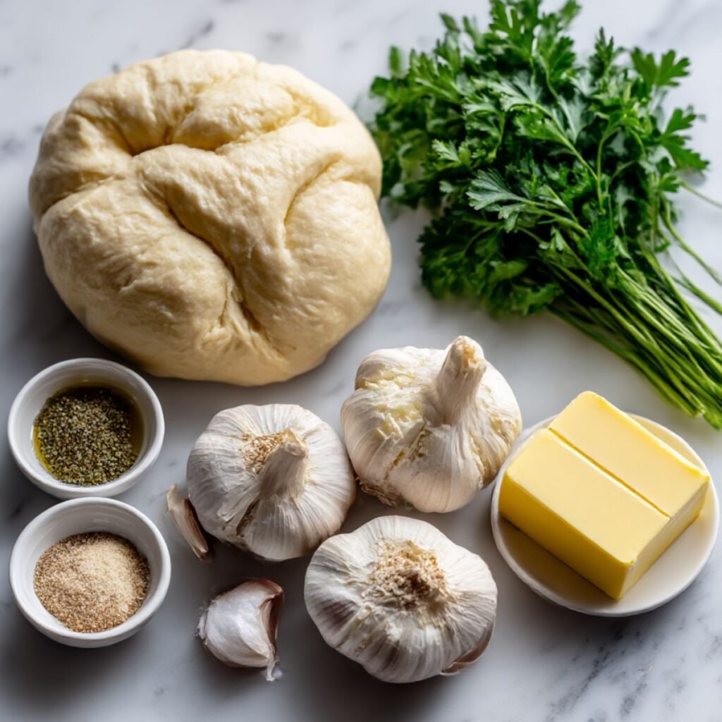 Fresh ingredients for garlic bread rolls including raw dough, butter, fresh garlic, and parsley arranged on a white marble surface.