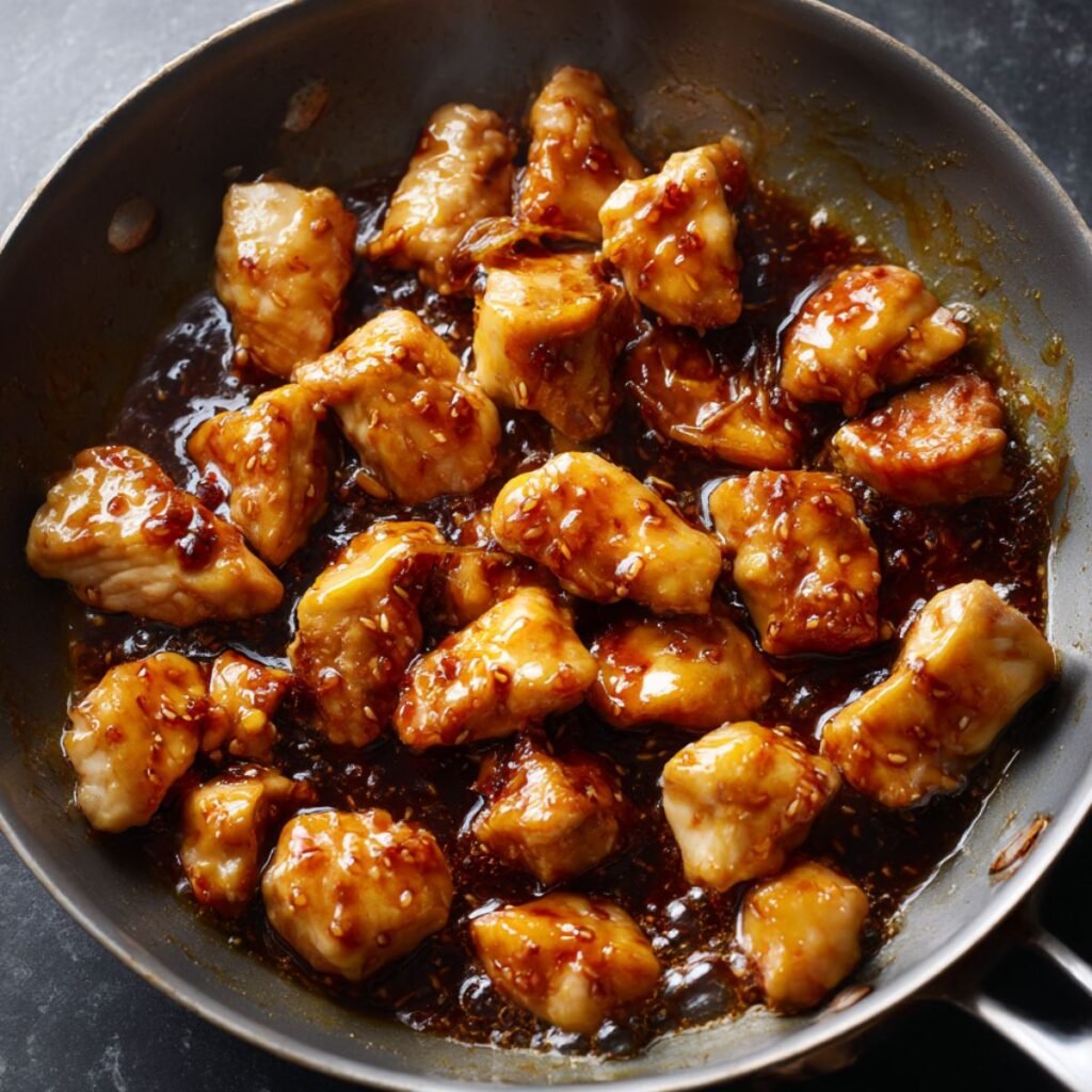 Sticky glazed chicken cooking in a skillet for chicken rice bowl.