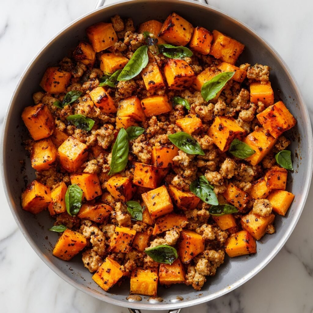 Ground turkey and sweet potato skillet with roasted cubes and fresh basil.