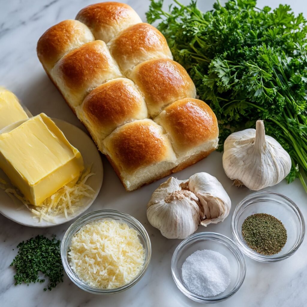 Fresh ingredients for Hawaiian roll garlic bread including sweet rolls, butter, garlic, parsley, and parmesan cheese on a white marble surface.