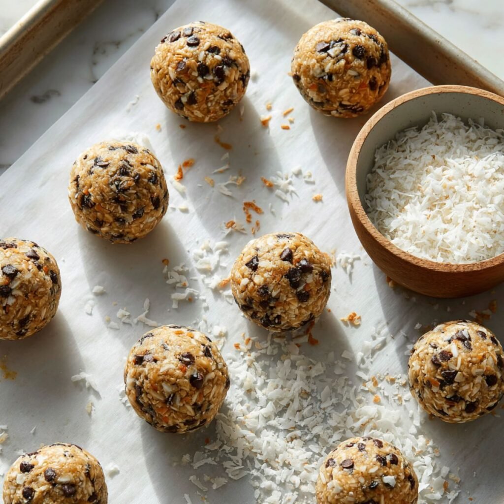 Rolling no bake moose farts into coconut-coated balls on a parchment-lined tray.