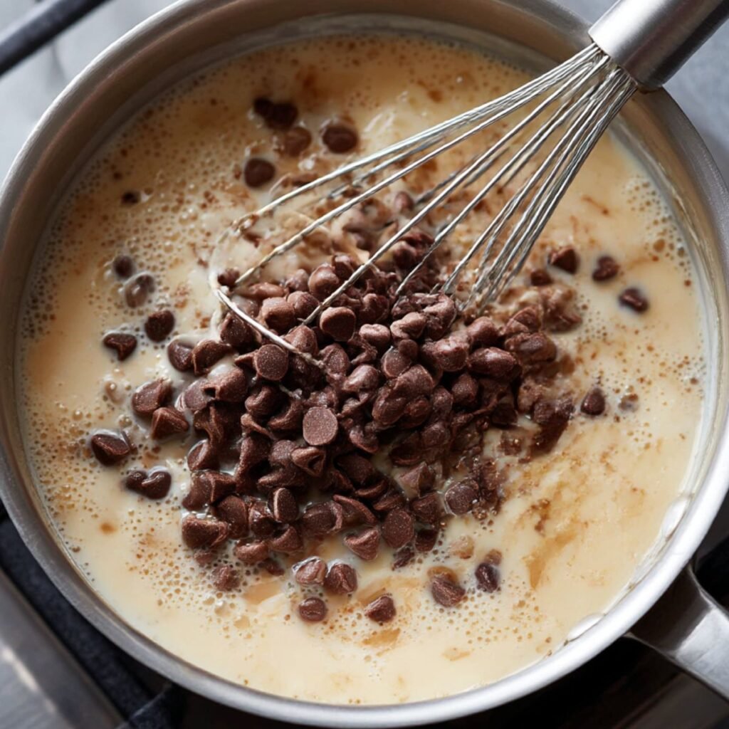 Chocolate chips melting into hot milk for thick Disneyland-style hot chocolate in a saucepan.