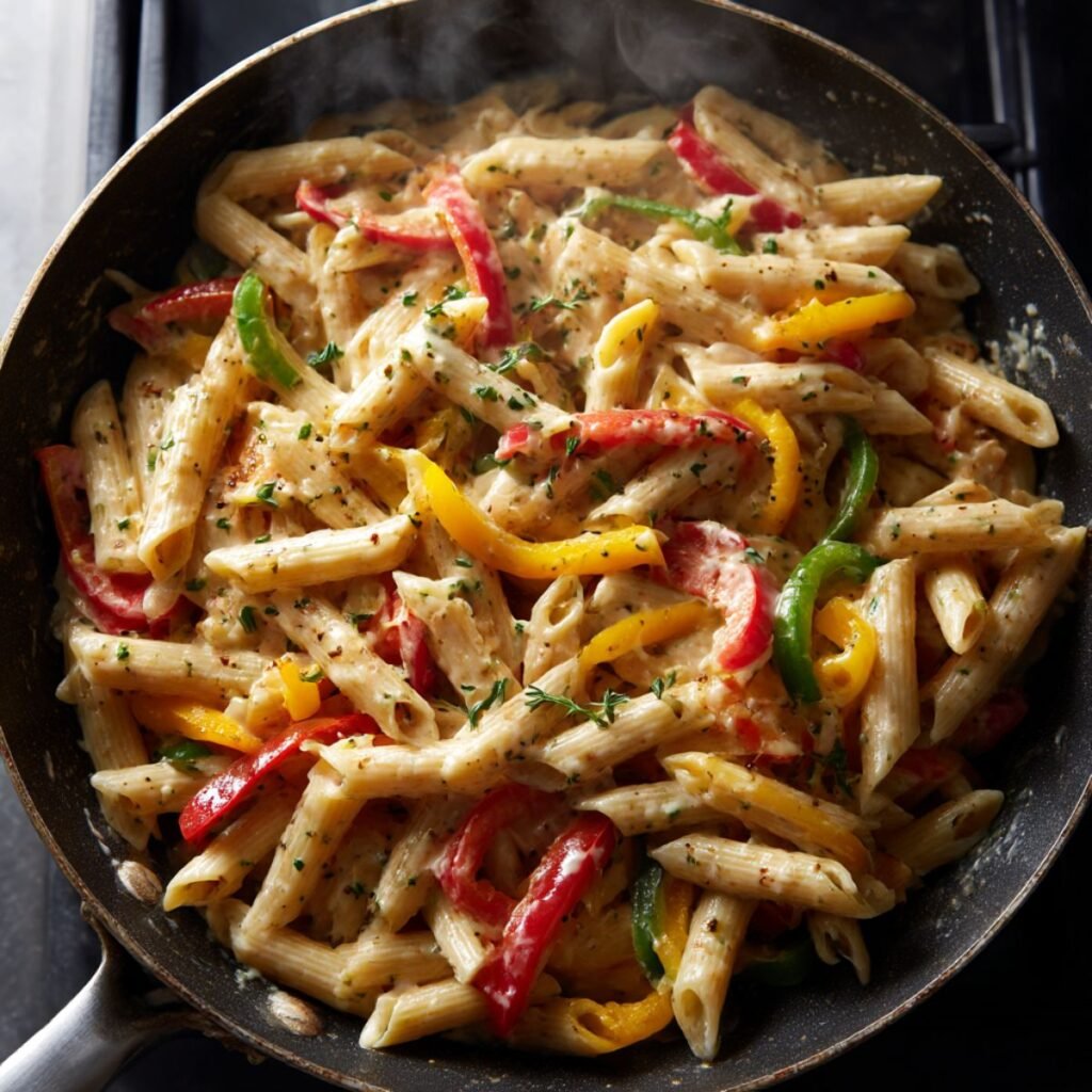 Penne pasta mixed with creamy jerk sauce and bell peppers for rasta pasta.