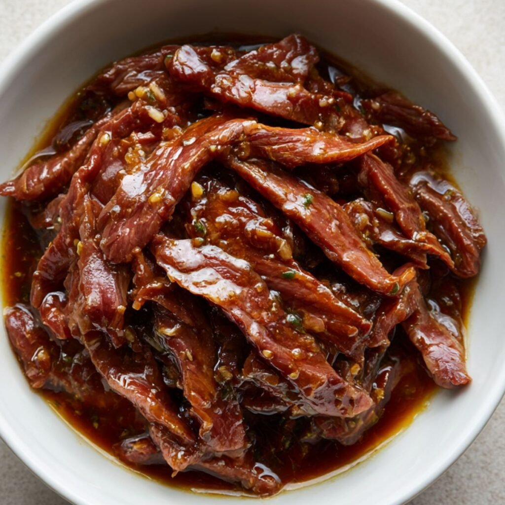 Beef slices mixed with soy sauce and cornstarch for Chinese pepper steak.