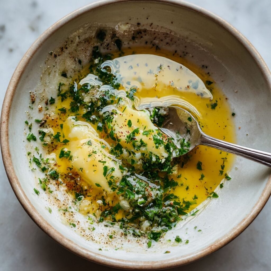 Mixing garlic butter with herbs for cheesy garlic cruffin topping.