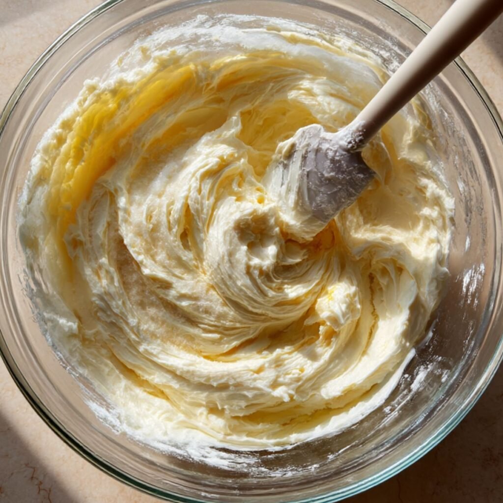 Cream cheese filling being mixed for churro cheesecake.