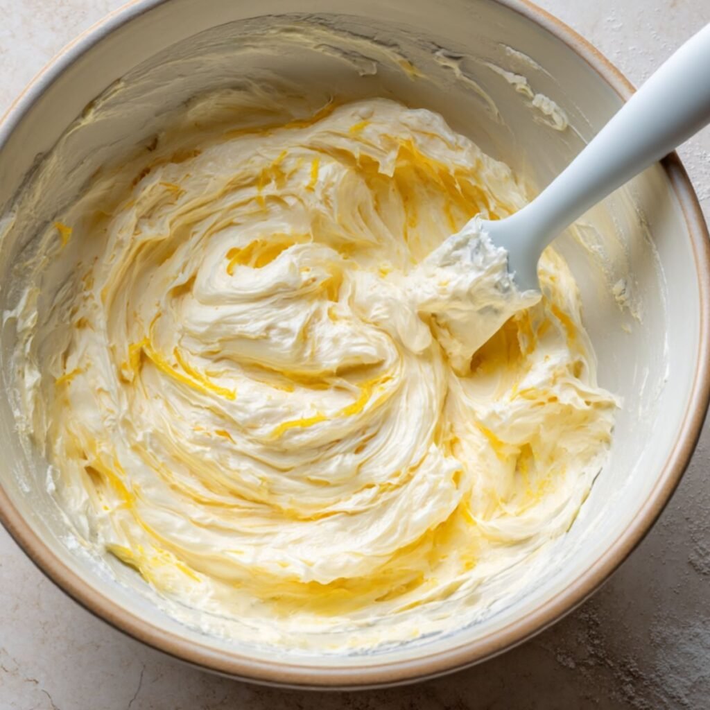 Cream cheese filling being mixed for blueberry cream cheese puff pastry.