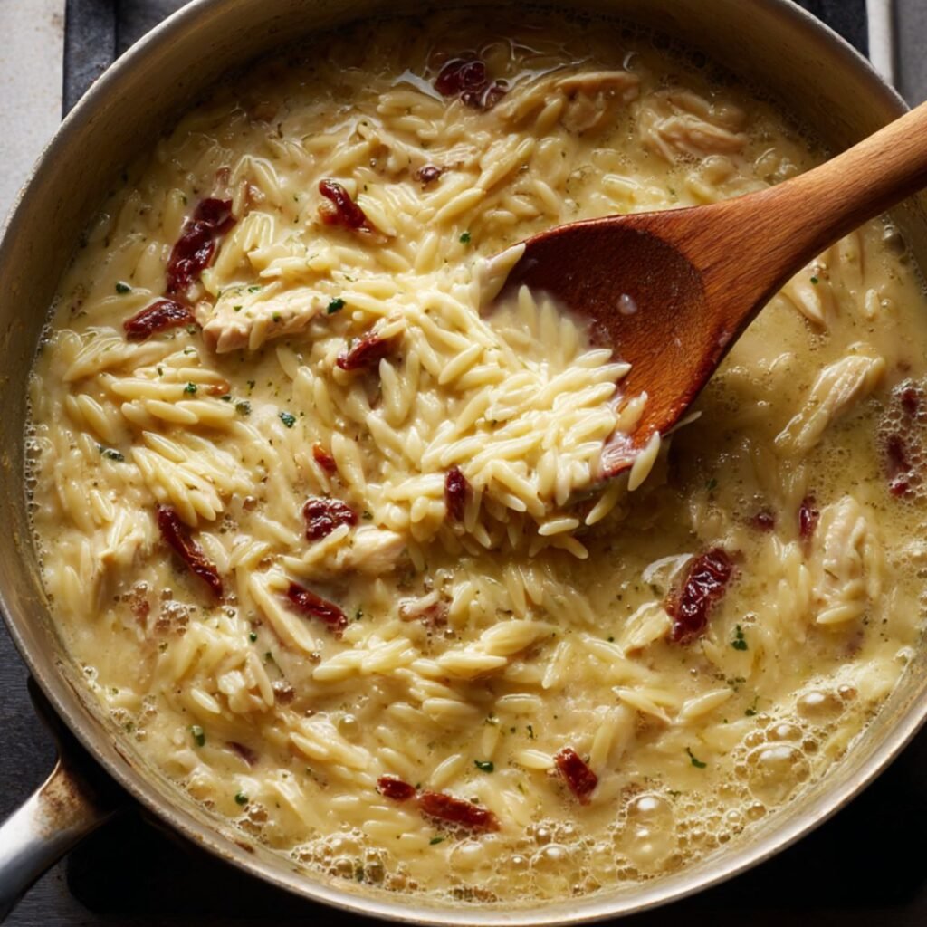 Creamy chicken orzo being stirred as the sauce thickens in a skillet with onions and sun dried tomatoes.