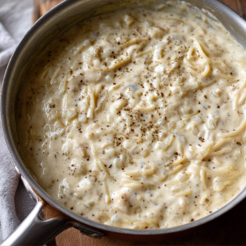 Creamy chicken spaghetti casserole sauce melting smoothly in a skillet.