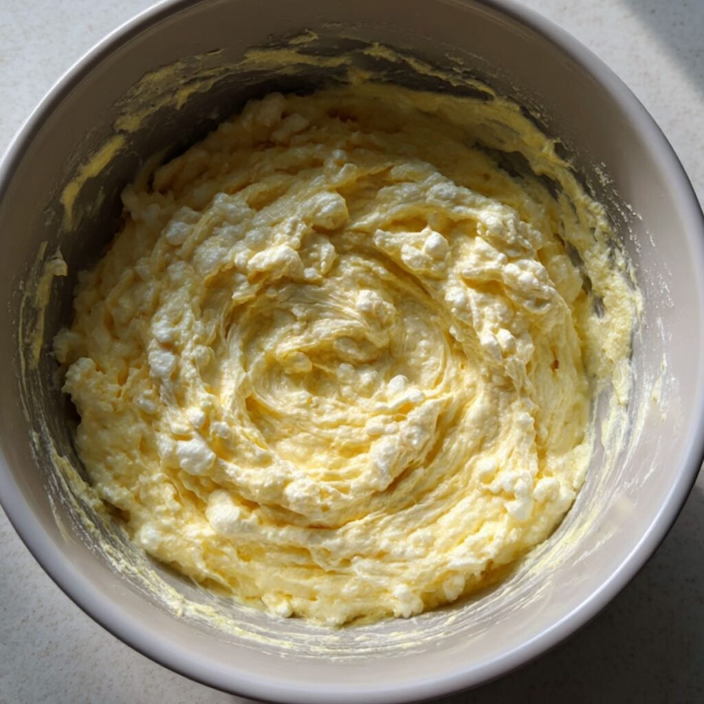 Eggs and cottage cheese being gently mixed for cottage cheese egg muffins.