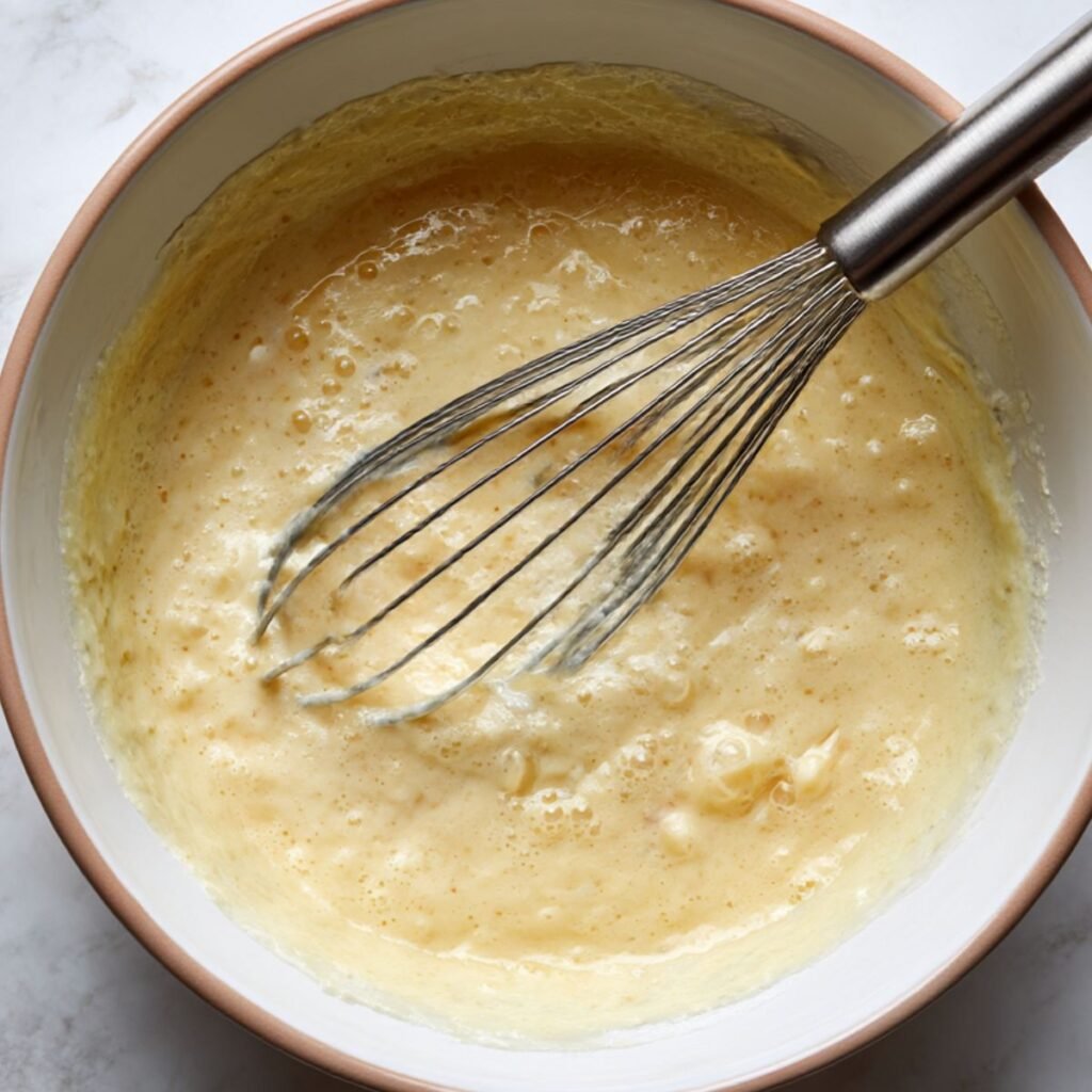Mixing pancake batter to create soft, flexible shells for pancake tacos.