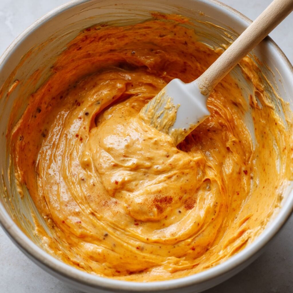 Sweet potato cheesecake filling mixed until smooth in a bowl before baking.