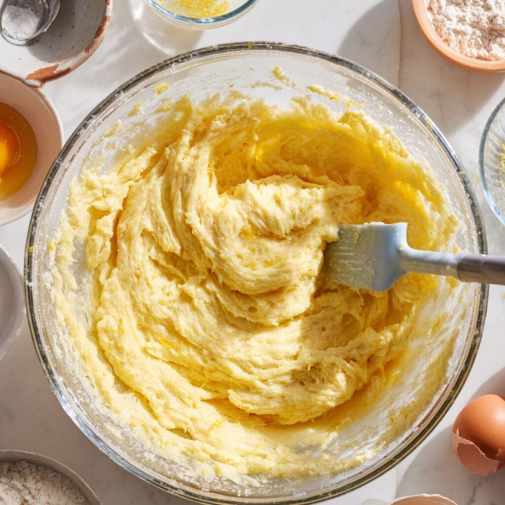 Mixing moist lemon cake batter with fresh lemon zest in a glass bowl on a kitchen counter.