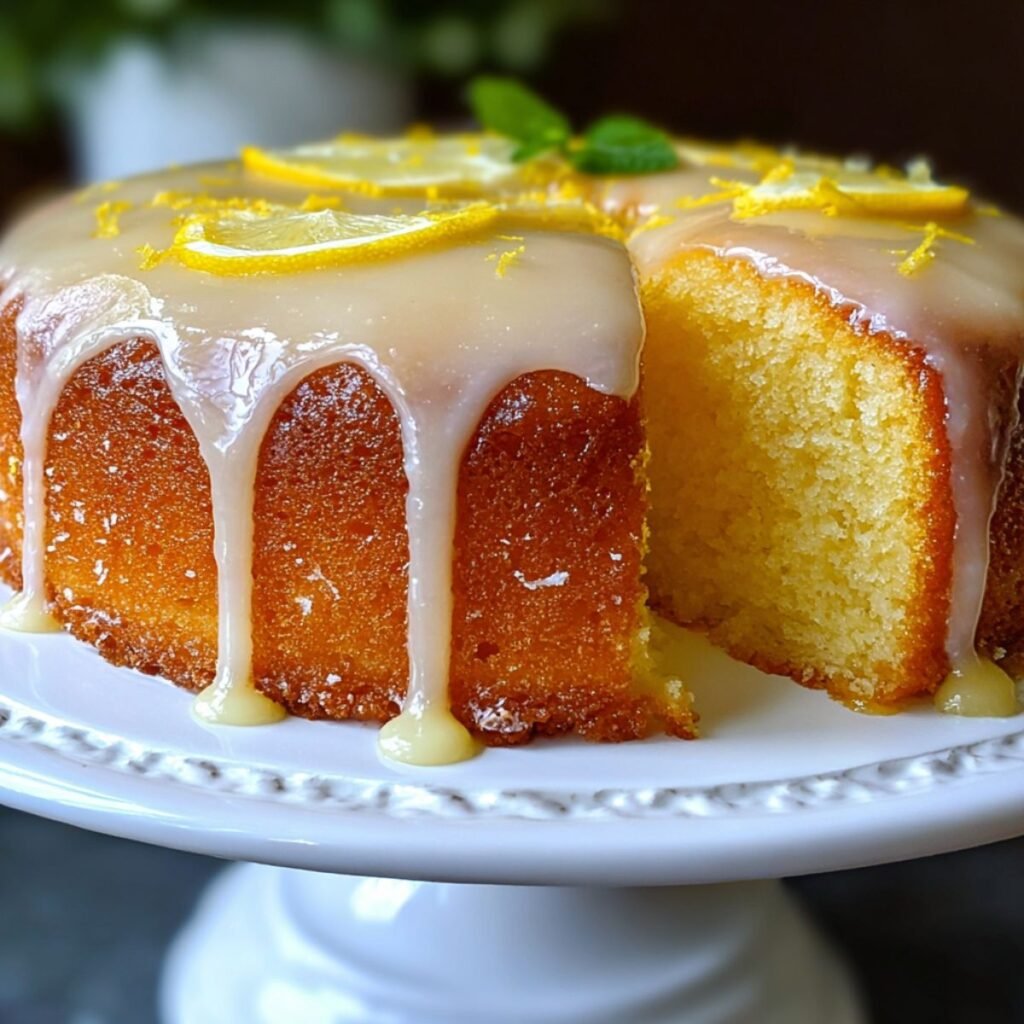 Moist lemon cake with lemon glaze drizzle and fresh lemon slices on top