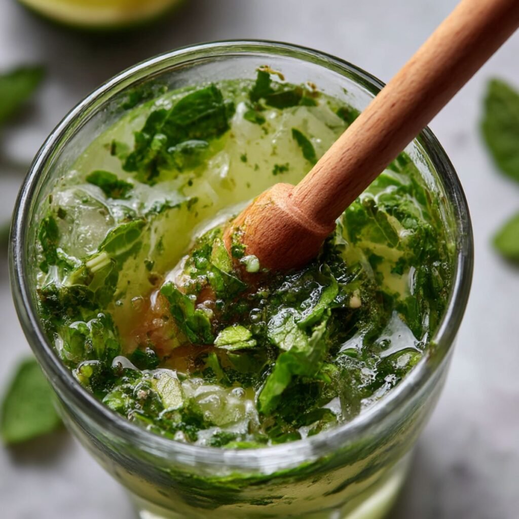 A wooden muddler resting in a glass with crushed mint leaves and lime juice.