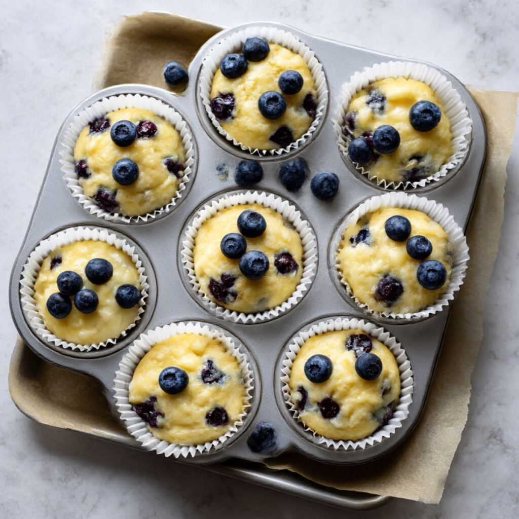 Lemon blueberry cottage cheese muffin batter portioned into lined muffin tin before baking