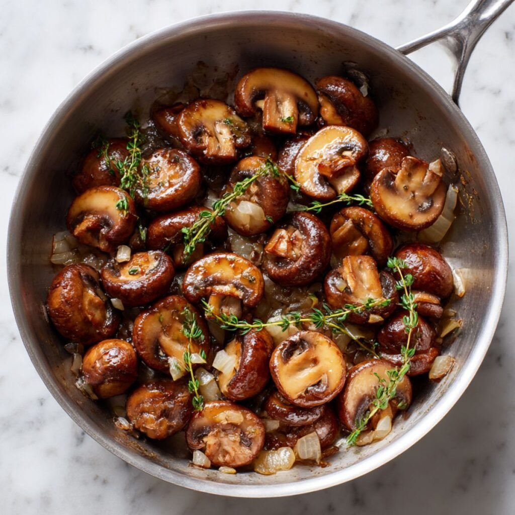 Golden sautéed mushrooms and onions cooking in a pot for rotisserie chicken mushroom soup