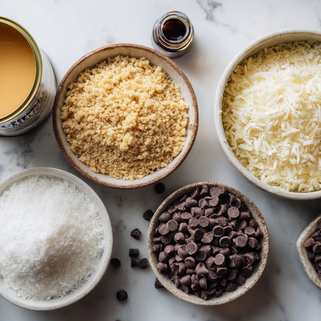 Ingredients including coconut, graham crumbs, condensed milk, and chocolate chips on a white marble surface.