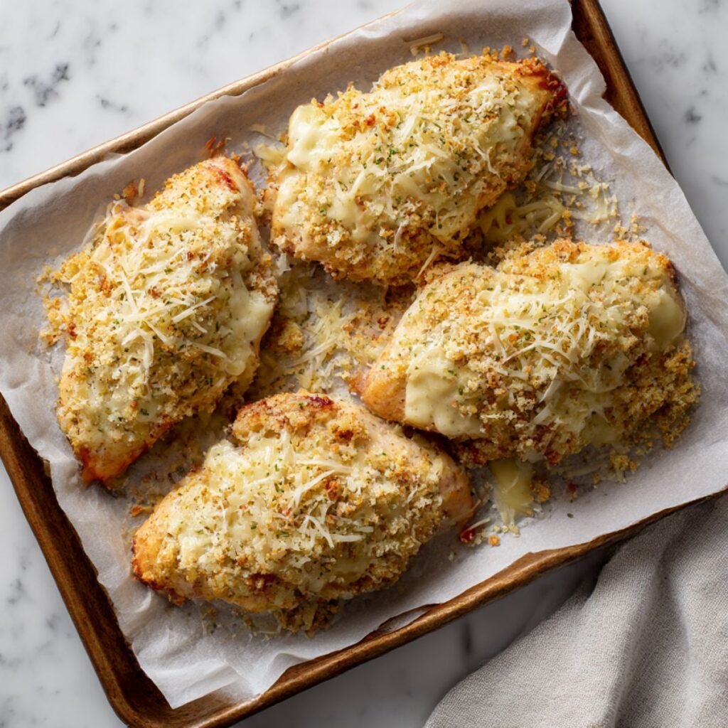 Parmesan crusted chicken topped with cheesy breadcrumb mixture before broiling