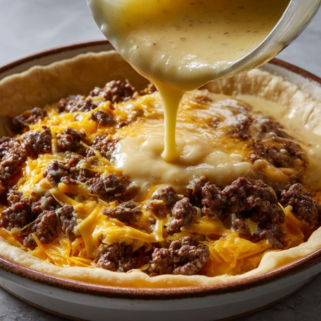 Bisquick batter being poured over seasoned beef and cheese to make cheeseburger pie before baking.