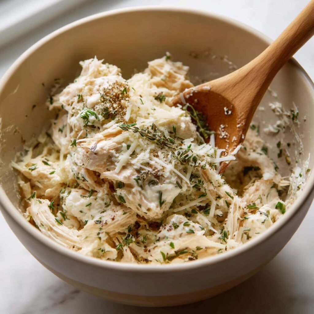 A large mixing bowl on a counter containing shredded chicken, cream cheese, mozzarella, and seasonings being mixed with a wooden spoon to create a filling for chicken pillows.