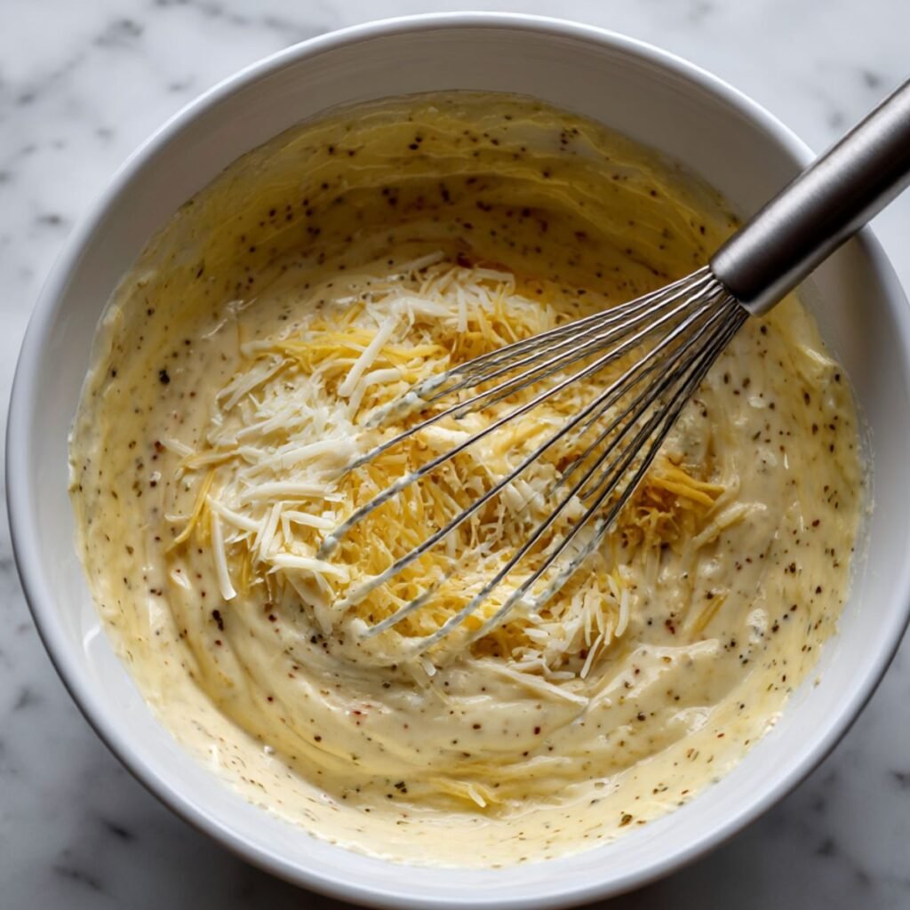A ceramic mixing bowl containing a thick, creamy sauce base filled with shredded cheddar and mozzarella cheese, with a wire whisk resting in the mixture.
