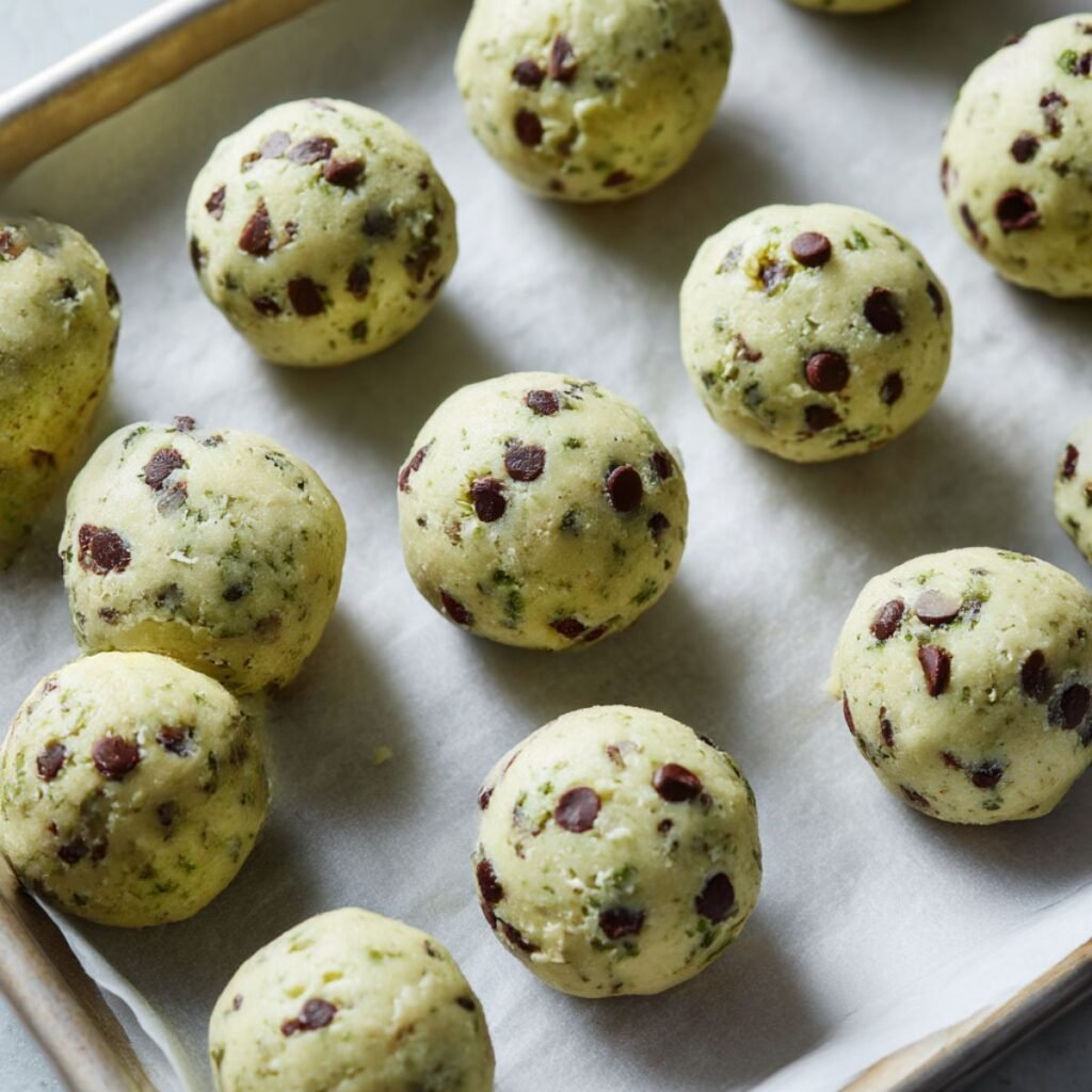 Mint chocolate chip protein balls rolled and arranged on parchment-lined baking sheet before coating