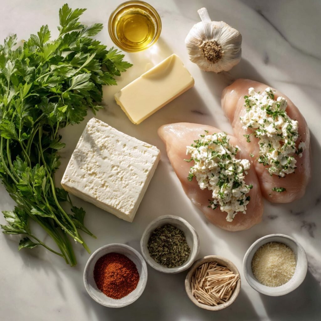 Ingredients including chicken breasts, cream cheese, butter, garlic, and spices on a white marble surface.
