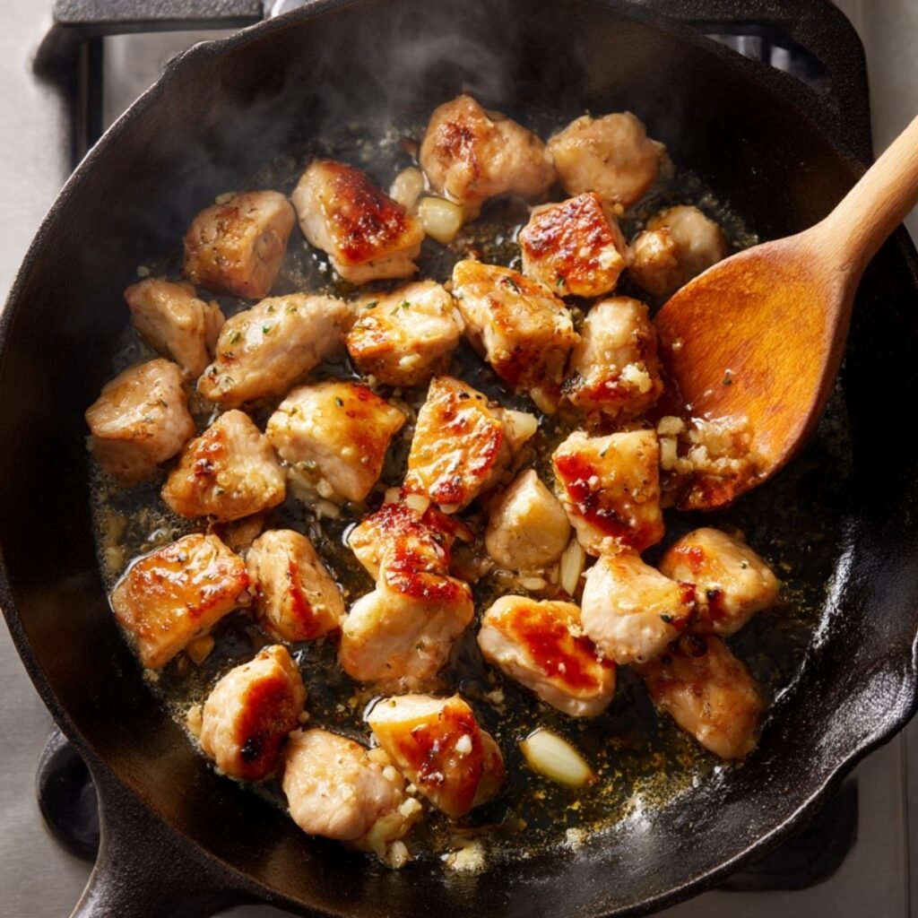 Chicken pieces searing in a cast iron skillet with garlic and butter, starting the creamy parmesan chicken pasta in a home kitchen.