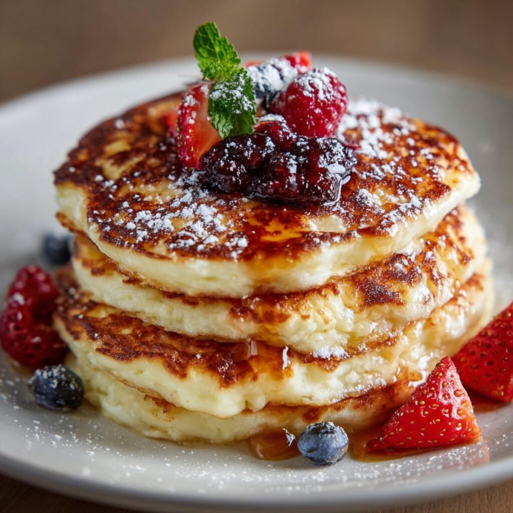 Fluffy gluten free cottage cheese pancakes stacked on a plate, topped with berry compote, powdered sugar, and a drizzle of maple syrup.