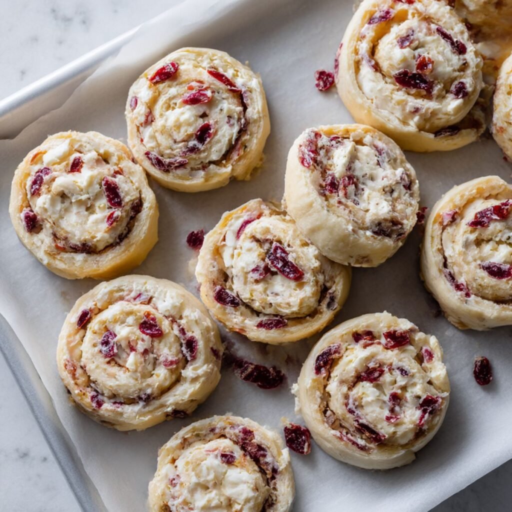Unbaked cranberry cream cheese pinwheels sliced and arranged on parchment-lined baking sheet