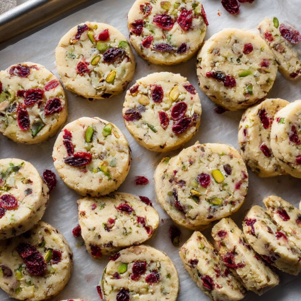 Cranberry pistachio shortbread cookies sliced and arranged on parchment-lined baking sheet before baking