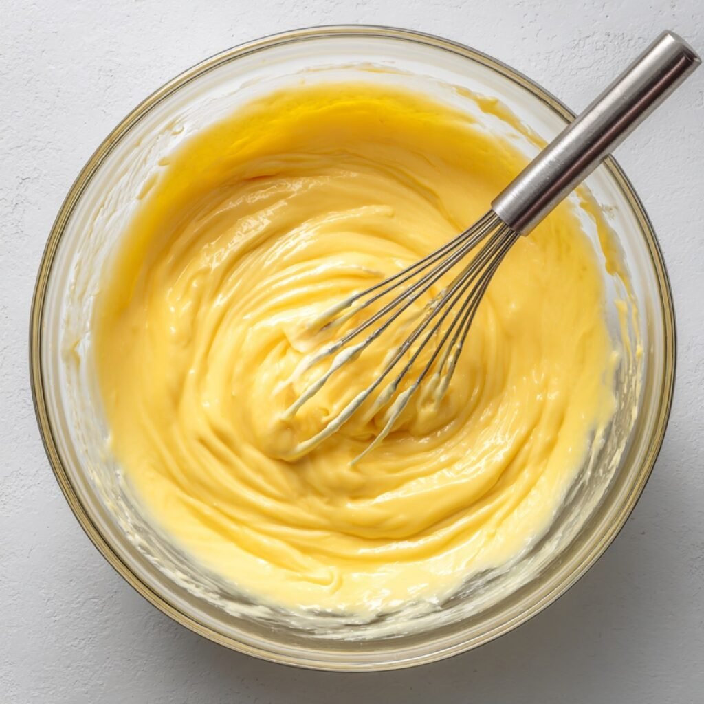 Creamy vanilla pudding mixture being whisked for strawberry banana pudding.