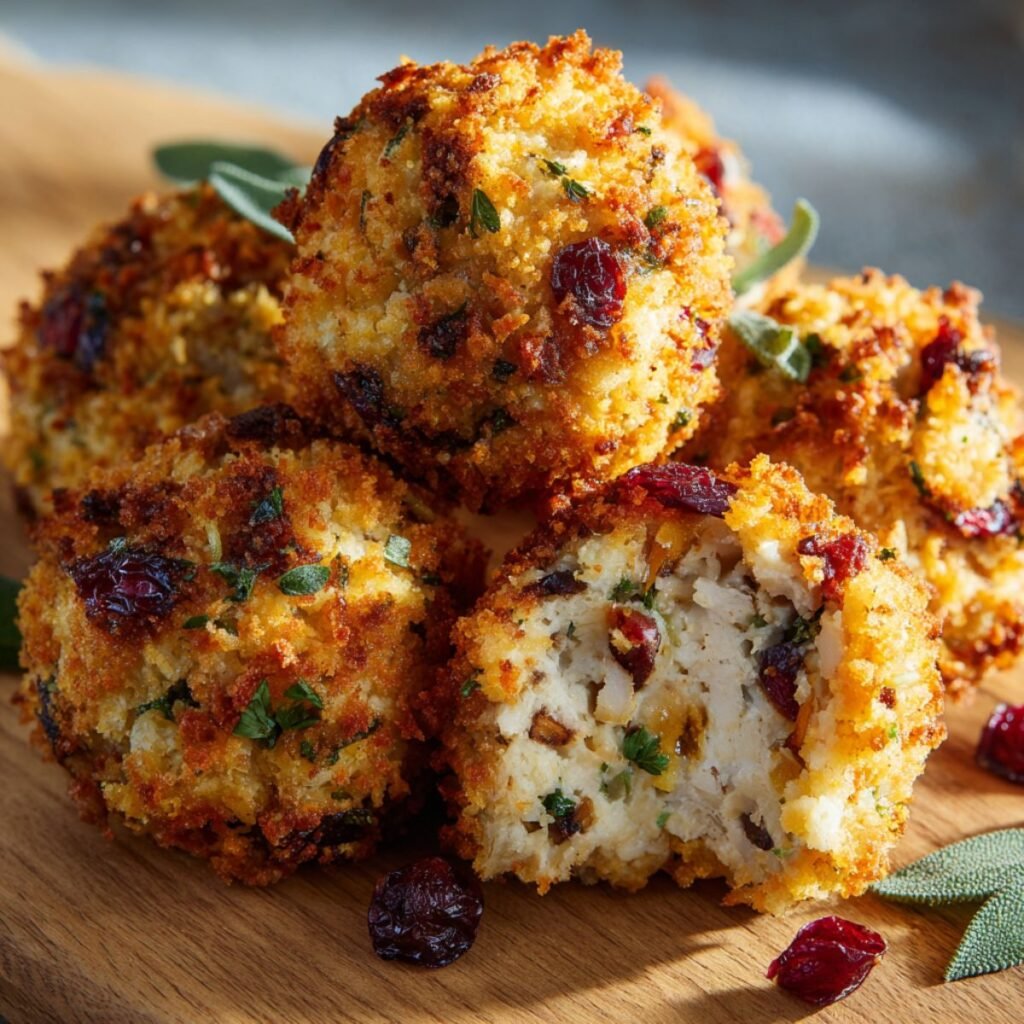 Crispy Thanksgiving stuffing balls with golden breadcrumb coating, visible cranberries and herbs, stacked on a wooden board with one ball cut open to show soft savory center.