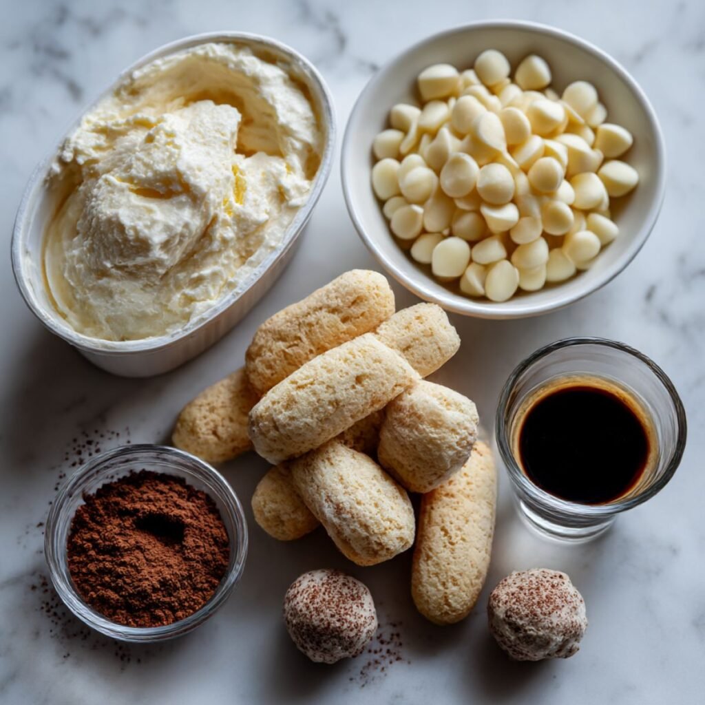 Fresh ingredients for tiramisu truffles including mascarpone, ladyfingers, espresso, and white chocolate on a white marble surface.