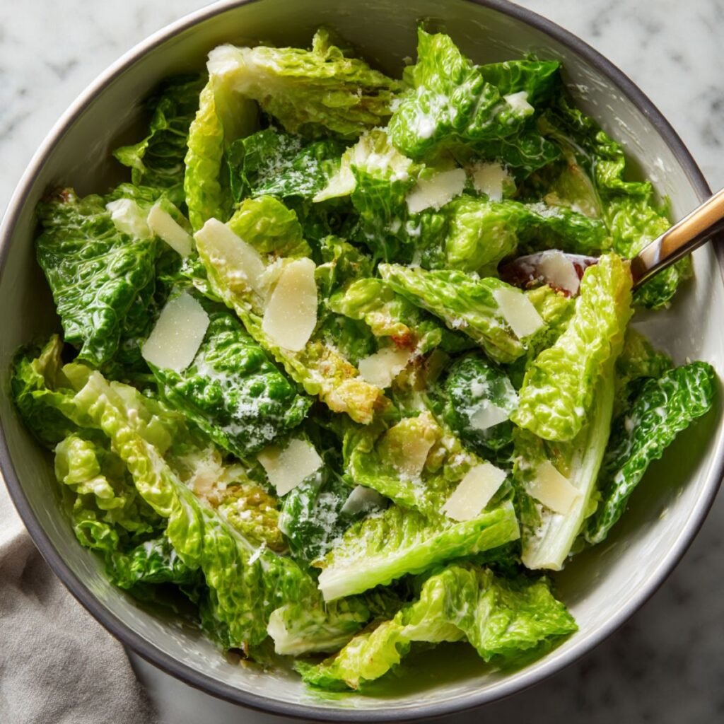 Romaine lettuce tossed with creamy Caesar dressing and Parmesan for chicken Caesar sandwich.