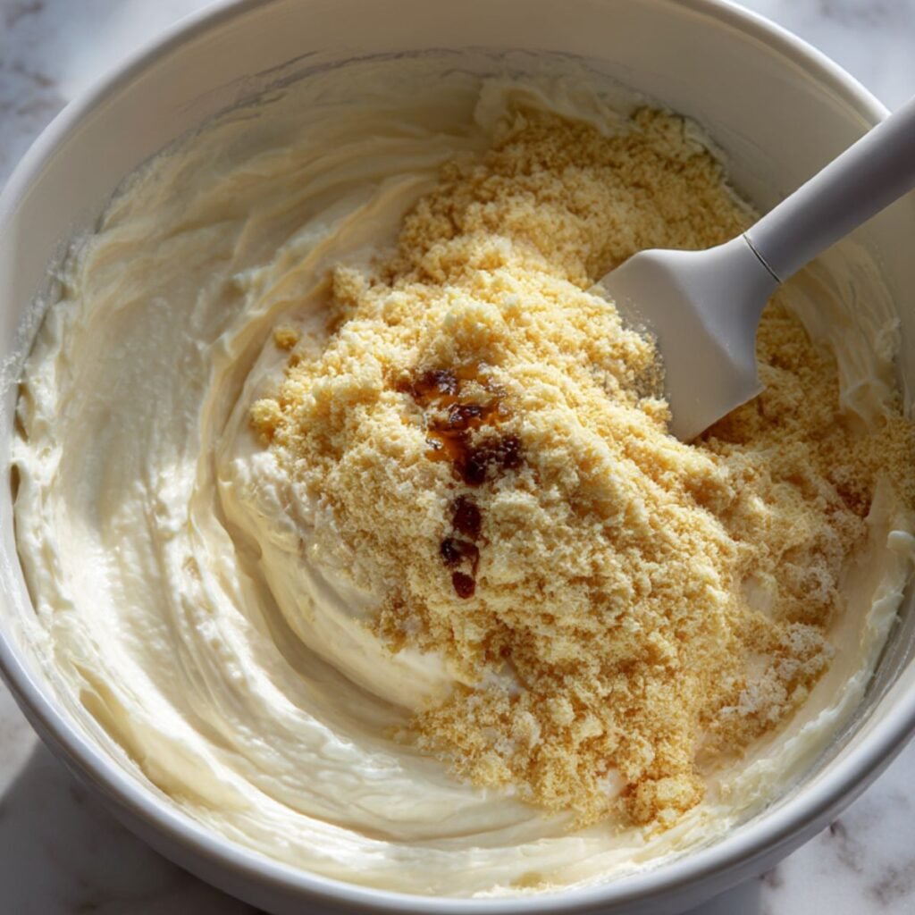 Dry yellow cake mix and extract drops added to a creamy dip base in a mixing bowl.