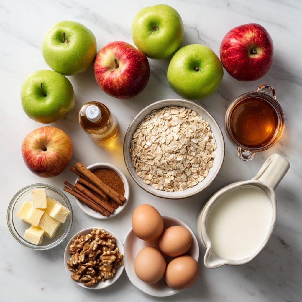 Ingredients including oats, apples, milk, eggs, and cinnamon on a white marble surface.
