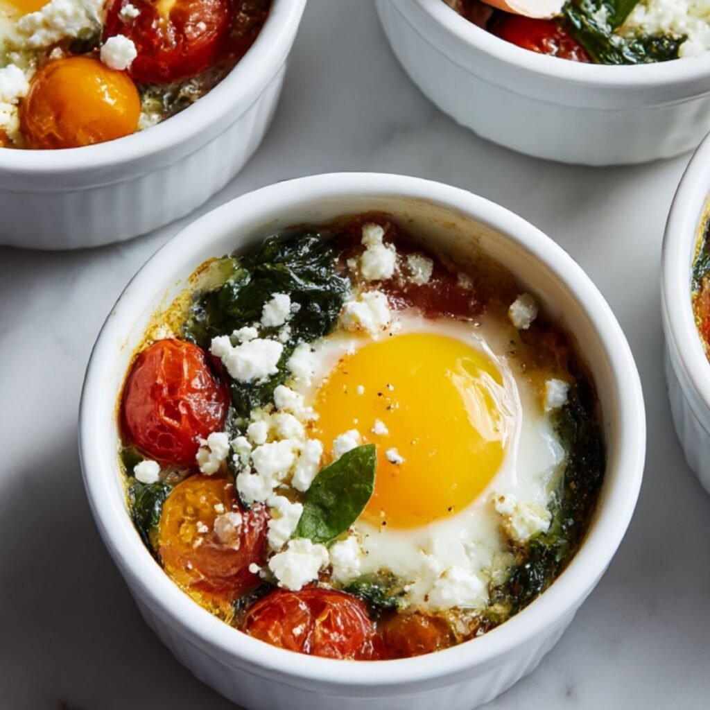 Assembling baked feta eggs in white ramekins with spinach, tomatoes, feta cheese, and raw eggs before baking.