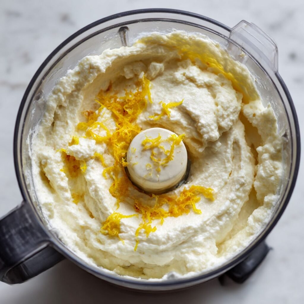 Smooth, blended cottage cheese in a food processor bowl ready for muffin batter.