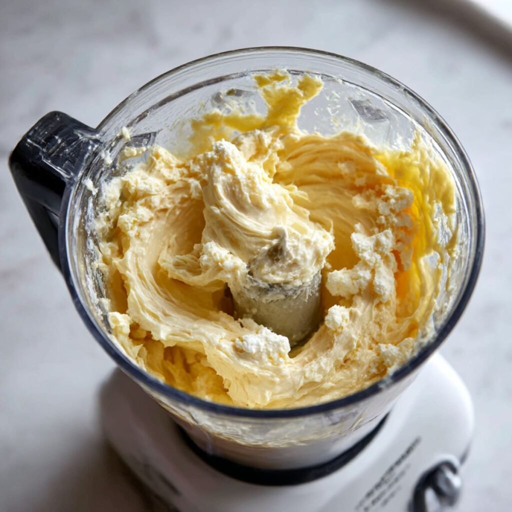 Ingredients for cottage cheese pancakes blending into a smooth batter in a blender on a marble counter.
